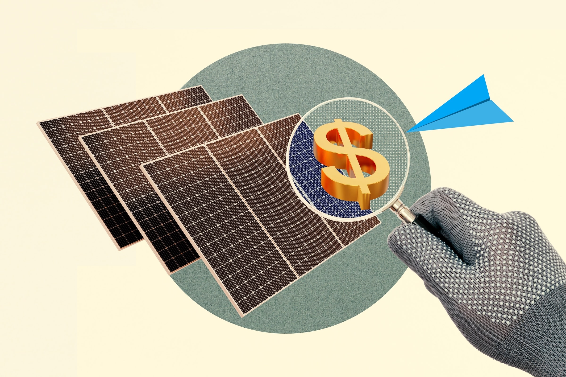 Graphic of a hand holding a magnifying glass over solar panels and seeing money