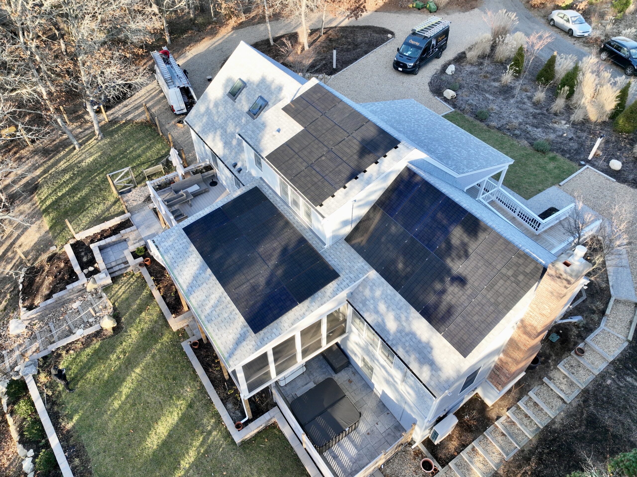 Aerial view of solar panels on roof